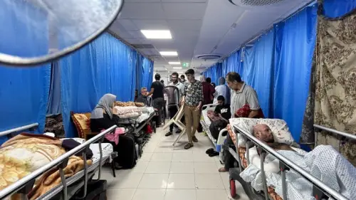 Palestinian patients line the halls in Shifa Hospital in the Gaza Strip on on Nov. 10, 2023. Photo by Flash90.