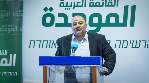 Ra'am Party leader Mansour Abbas leads a faction meeting at the Knesset, Feb. 19, 2024. Photo by Yonatan Sindel/Flash90.