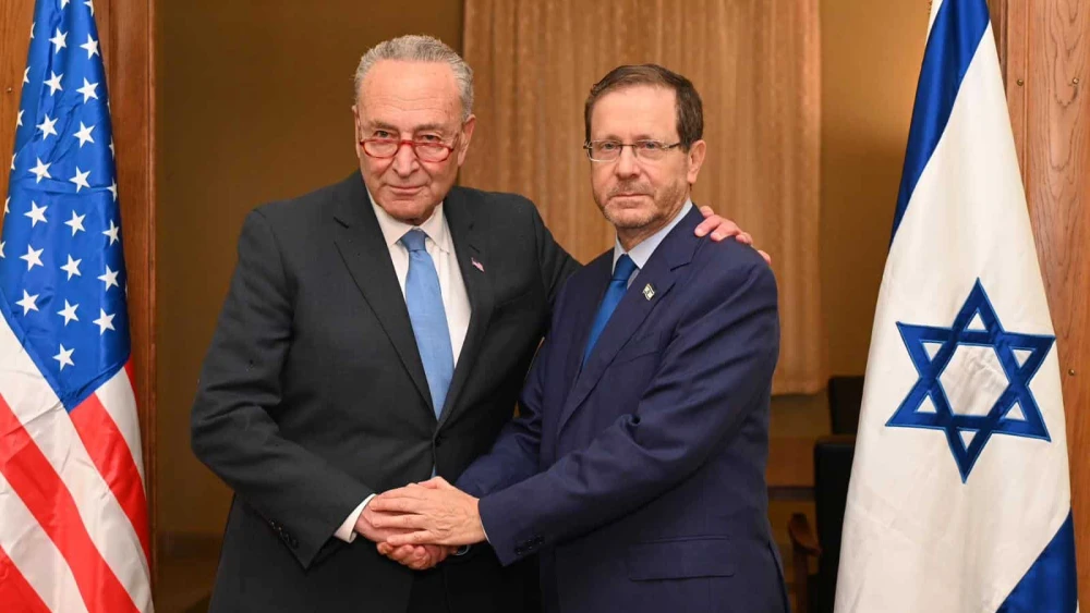 Senate Majority Leader Chuck Schumer (D-N.Y.) and Israeli President Isaac Herzog at the Tel Aviv headquarters of the Israel Defense Forces on Oct. 15, 2023, one week after the Hamas-led terrorist attacks in southern Israel on Oct. 7. Credit: Haim Zach/GPO.