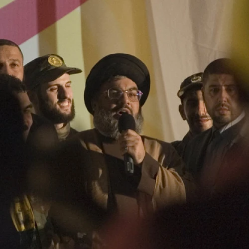 Hassan Nasrallah, then-leader of the Lebanese terrorist group Hezbollah, makes a rare public appearance in a suburb of Beirut in July 2008. Photo by Ferran Queved/Flash90.