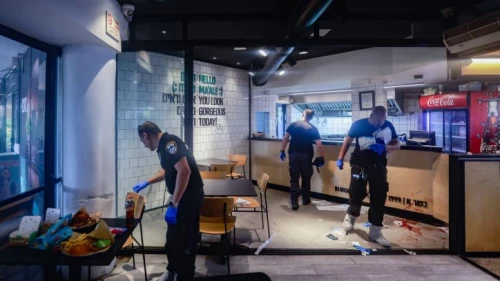 Police at the scene of a terror attack in the Israeli town of Ma'aleh Adumim, outside of Jerusalem, Aug. 1, 2023. Photo by Chaim Goldberg/Flash90.
