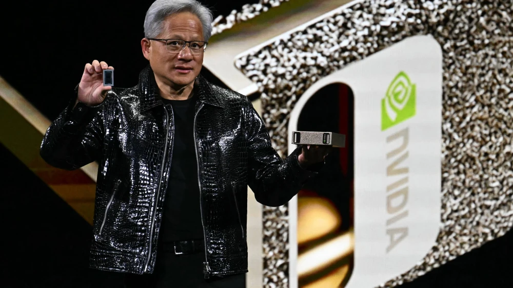 Nvidia CEO Jensen Huang speaks about Project Digits personal AI supercomputer for researchers and students during a keynote address at the Consumer Electronics Show (CES) in Las Vegas, Nev., on Jan. 6, 2025. Photo by Patrick T. Fallon/AFP via Getty Images.