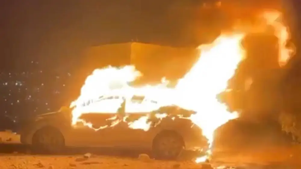 The Israeli man's car in flames in the Palestinian village of Turmus Ayya on Aug. 20, 2023. Source: Twitter.