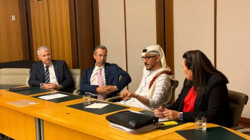 Jewish businessman Eitan Neishlos (second from left) and Emirati strategist Amjad Tahad (second from right) meet with Australian Israel Parliamentary Group Senators Debra O'Neill and David Fawcett in Canberra, Australia, Nov. 5, 2024. Credit: Courtesy.