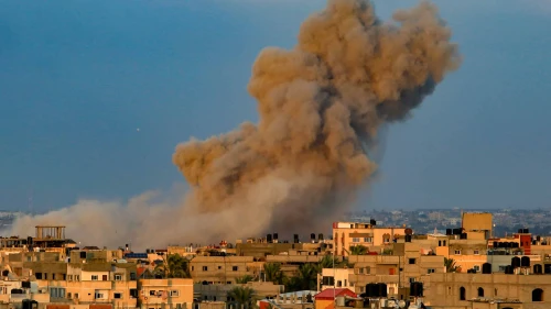 Smoke rises after Israeli air strikes in Rafah, in the southern Gaza Strip, Oct. 14, 2023. Photo by Abed Rahim Khatib/Flash90.
