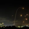 A long-exposure shot shows the Iron Dome air-defense system intercepting missiles launched from Hamas in the Gaza Strip towards Israel, as seen from the southern Israeli city of Ashkelon, on May 10, 2021. Photo by Edi Israel/Flash90.