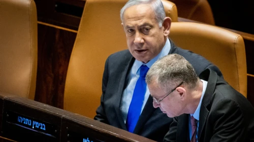 Israeli Prime Minister Benjamin Netanyahu with Justice Minister Yariv Levin at the Knesset, March 6, 2023. Photo by Yonatan Sindel/Flash90.