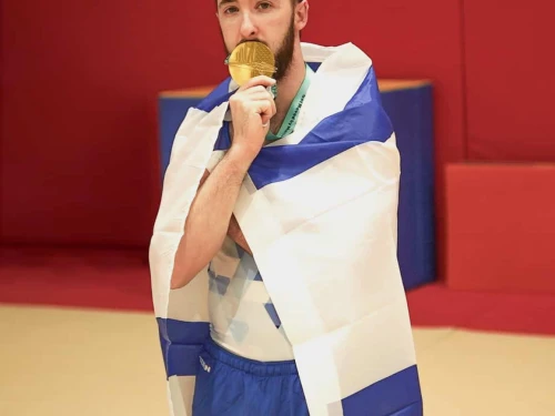 Israeli athlete Artem Dolgopyat in Belgium after winning the the 2023 World Artistic Gymnastics Championships on Oct. 7, 2023. Photo by Guy Bitman.