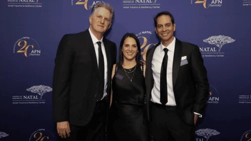 American Friends of NATAL 20th Anniversary Gala Hosted by Michael Rapaport. With Maayan Aviv, CEO, American Friends of NATAL and Ran Eliasaf, Board Chair, and Founder of Northwind Group. Nov. 2025. Photo by Astrid Stawiarz/Getty Images for American Friends of NATAL.
