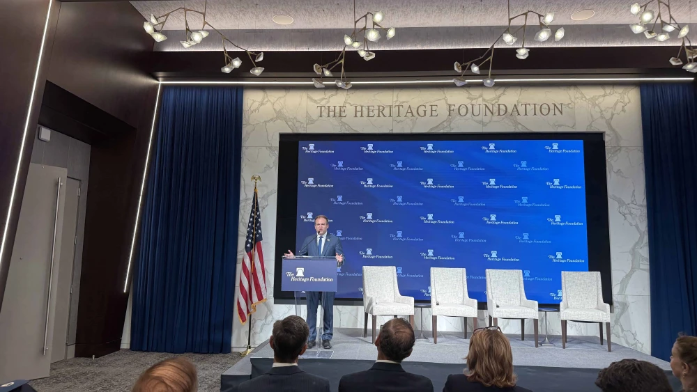 Rev. Johnnie Moore, executive chairman of the Gaza Humanitarian Foundation, speaks at the Heritage Foundation in Washington, D.C., July 31, 2025. Credit: Andrew Bernard.