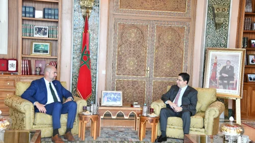 Knesset Speaker Amir Ohana (left) and Moroccan Foreign Minister Nasser Bourita meet in Rabat, June 8, 2023. Source: X.