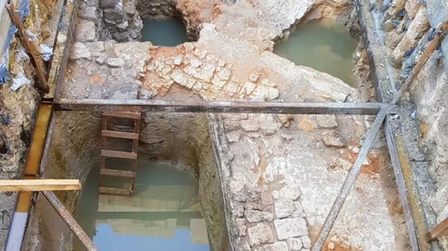 Following a winter storm, melted snow and rain fill up several Herodian-period water installations. Credit: Michal Haber/Hebrew University.