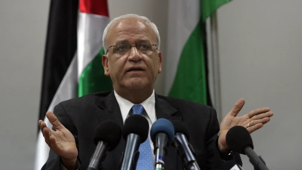 Saeb Erekat during a news conference in Ramallah on the West Bank on January 2, 2012.photo by Issam Rimawi/ FLASH90