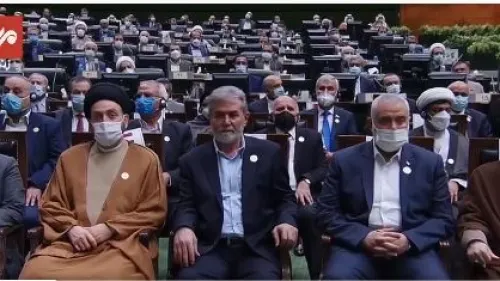 Guests at the swearing-in ceremony of Iranian President Ebrahim Raisi. The front row includes representatives of terrorist organizations, such as Naim Qassem, deputy head of Hezbollah, Hamas Politburo chief Ismail Haniyeh and Ziad Nakhla, leader of Palestinian Islamic Jihad. Aug. 5, 2021. Source: X.