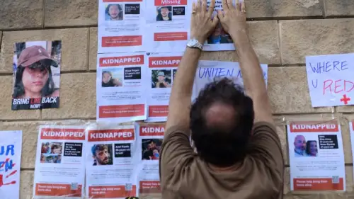 Families of Israelis held hostage by Hamas in the Gaza Strip protest outside the Israeli Defense Ministry in Tel Aviv, Oct. 14, 2023. Photo by Tomer Neuberg/Flash90.