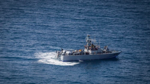An Israeli Navy vessel off the Israeli coast near Rosh Hanikra and the Lebanese border, May 4, 2021. Photo by Jamal Awad/Flash90.