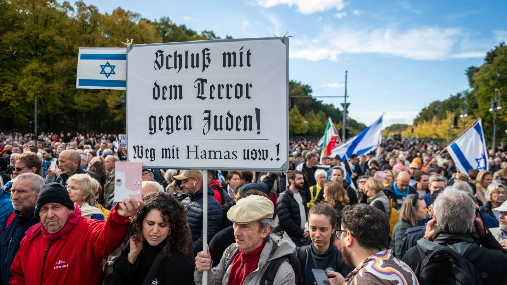 "Enough with terrorism against Jews," the sign reads at a pro-Israel rally in Berlin on Oct. 22, 2023. Photo by Nick Jaussi/i.A.v. Campact/Flickr.