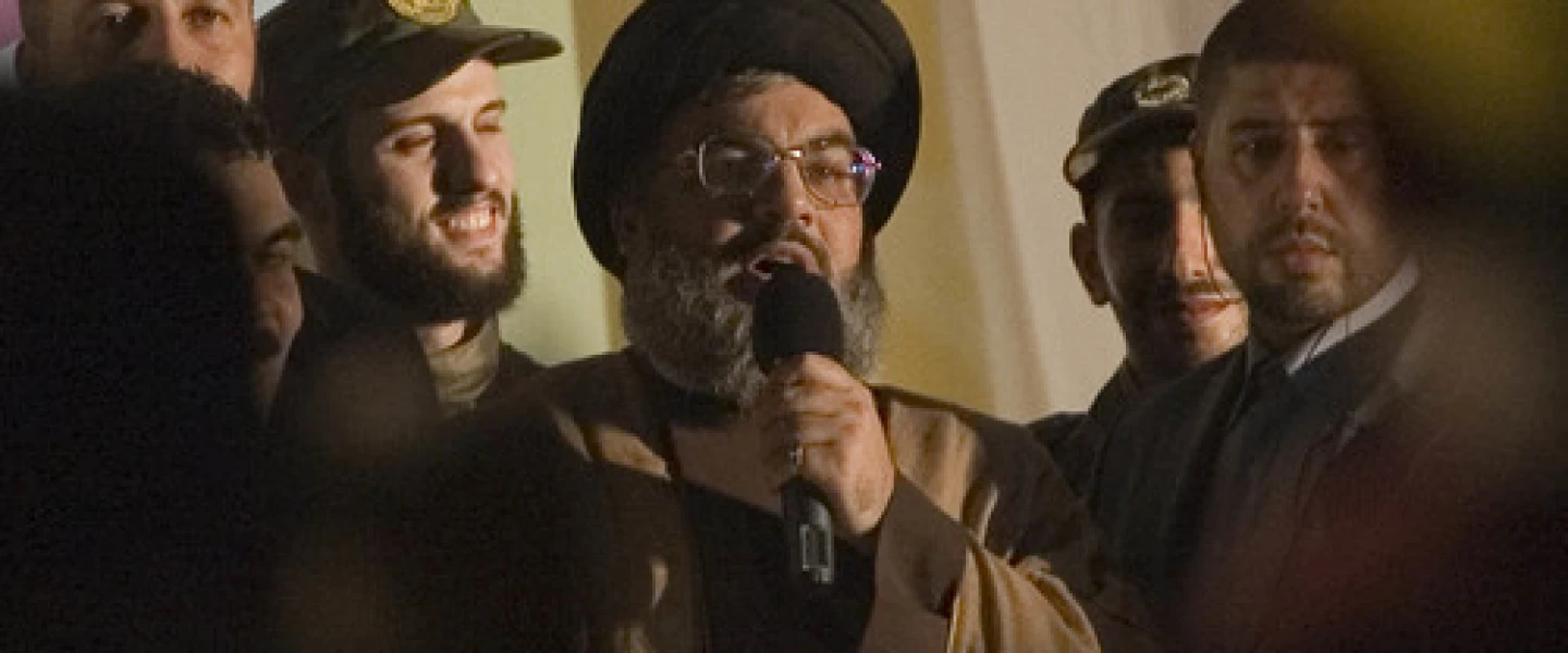 Hassan Nasrallah, then-leader of the Lebanese terrorist group Hezbollah, makes a rare public appearance in a suburb of Beirut in July 2008. Photo by Ferran Queved/Flash90.