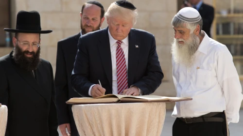 Then-U.S. President Donald Trump with Rabbi Shmuel Rabinowitz (left) at the Western Wall in Jerusalem on May 22, 2017. Photo by Nati Shohat/Flash90.