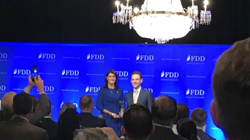 U.S. Ambassador to the United Nations Nikki Haley accepts the Jeane J. Kirkpatrick Statesmanship Award from the Foundation for Defense of Democracies at its annual National Security Summit on Aug. 28, 2018. Credit: Jackson Richman/JNS.