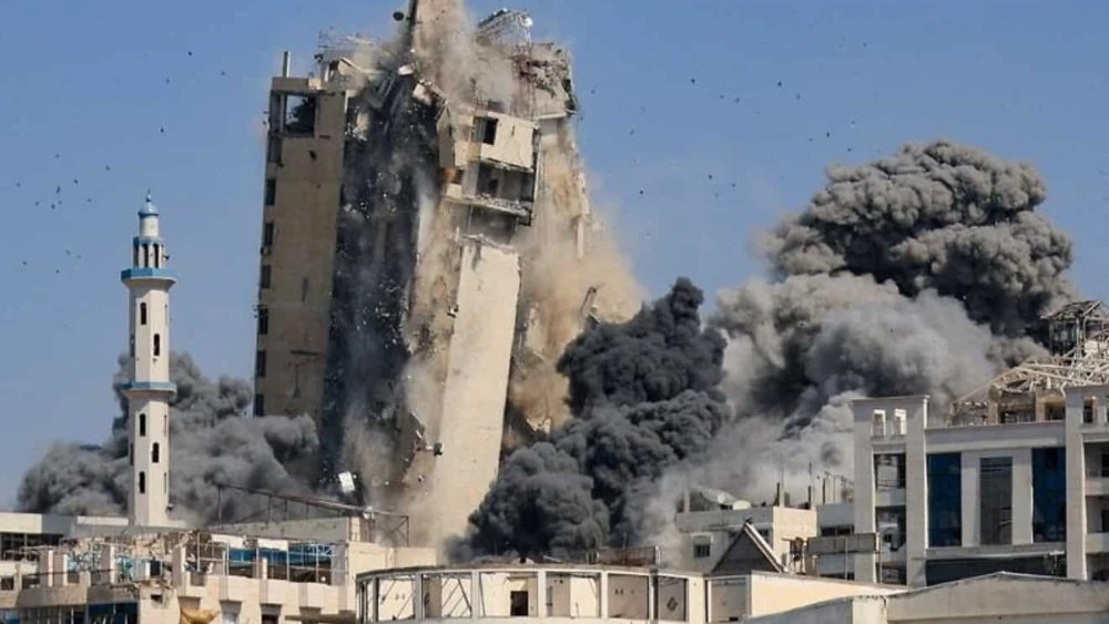 A building in Gaza City used by Hamas terrorists is destroyed by the Israel Defense Forces on Sept. 16, 2025. Source: @israel_katz/X.