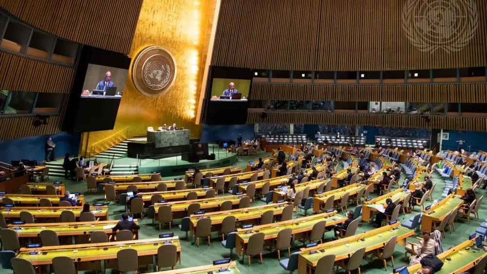A wide view of the General Assembly meeting that heard a report of the Human Rights Council. Credit: U.N. Photo/Eskinder Debebe.