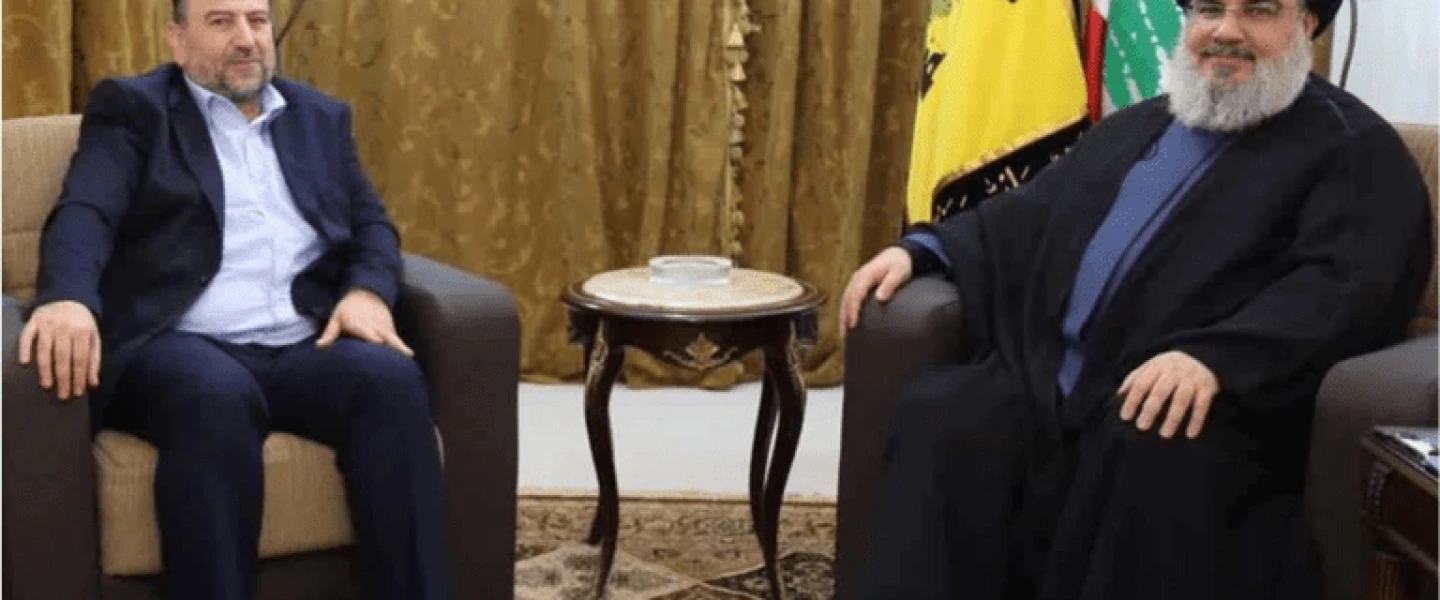 Deputy Hamas leader Saleh al-Arouri (left) and Hezbollah chief Hassan Nasrallah meet in Beirut in 2017. Credit: Hezbollah press office.