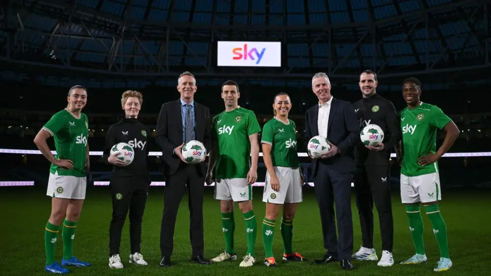FAI CEO Jonathan Hill, third from left, stands with leading players and other soccer bosses in in Dublin Ireland on March 20, 2024. Photo courtesy of FAI.