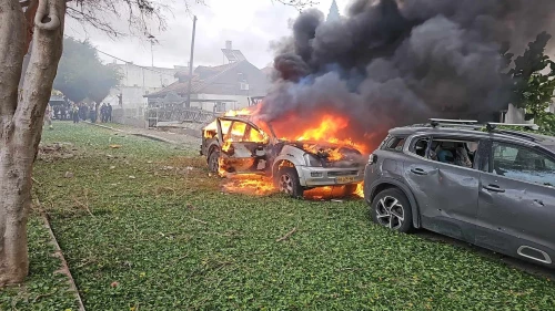 A car burns following a direct hit by a Hezbollah rocket in Petach Tikvah, central Israel, on Nov. 24, 2024. Credit: MDA.