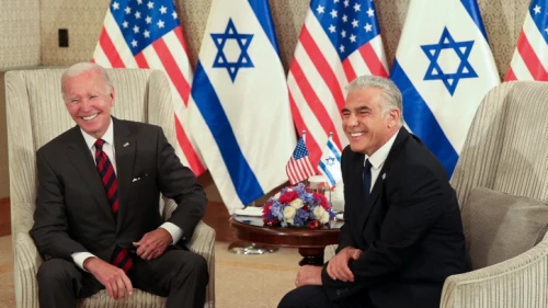 U.S. President Joe Biden meets with Israeli Prime Minister Yair Lapid in Jerusalem, on July 14, 2022. Photo by Emil Salman/POOL.