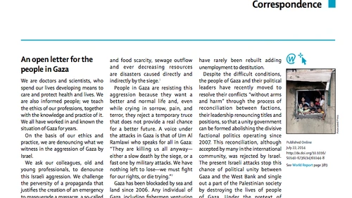 Click photo to download. Caption: “An open letter for the people in Gaza,” recently published by the British medical journal The Lancet. Credit: The Lancet screenshot.