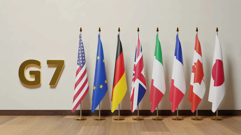 The Group of Seven (G7) flag, consisting of Canada, France, Germany, Italy, Japan, the United Kingdom, the United States and the European Union. Credit: Shutterstock.