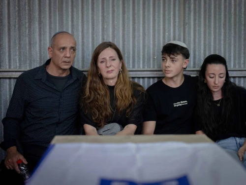 Nissim and Ricarda Louk at their daughter Shani Louk's funeral in Srigim, west of Jerusalem, on May 19, 2024. Photo by Chaim Goldberg/Flash90.