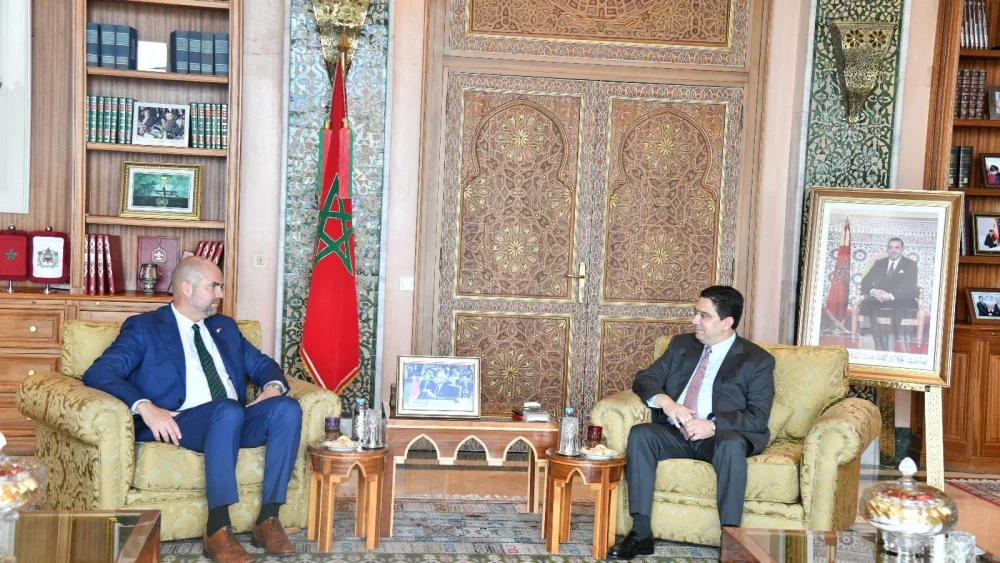 Knesset Speaker Amir Ohana (left) and Moroccan Foreign Minister Nasser Bourita meet in Rabat, June 8, 2023. Source: X.
