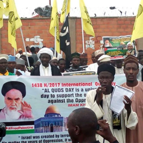 Iran sponsored an Al-Quds Day rally in Yola, Nigeria, in 2017. Iran’s Al-Mustafa International University is responsible for exporting Tehran’s revolutionary ideology. The university’s goal is to spread anti-American ideology and to “liberate Palestine” and “eradicate Israel.” Credit: Middle East Forum.