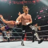Canadian wrestler Sami Zayn clotheslines Chad Gable during Monday Night RAW at the Bell Centre in Montreal on April 15, 2024. Photo by WWE via Getty Images.