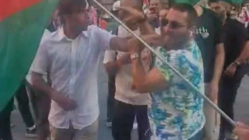 Rabbi Shmuley Boteach (right) during an altercation with anti-Israel activists in Vienna on Aug. 8, 2025. Credit: Courtesy of Shmuley Boteach.