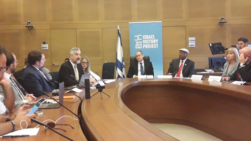 Middle East Forum president Daniel Pipes addressing Knesset Caucus in support of the Israel Victory Project. Credit: Middle East Forum via Twitter.