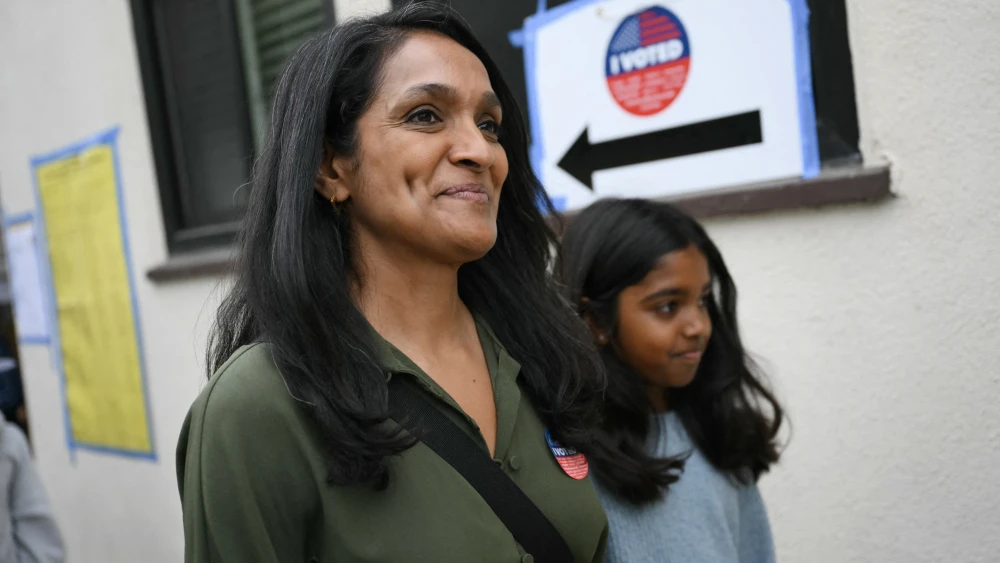 Nithya Raman, a member of the Los Angeles City Council, arrives to speak to members of the media after voting in the state's primary election at Silverlake Community Church in Los Angeles, June 2, 2026. Credit: Patrick T. Fallon/AFP via Getty Images.