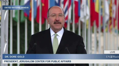 Dore Gold addresses the Rally for Equal Rights at the United Nations in Geneva, Switzerland, March 18, 2019. Credit: YouTube/ UN Watch.