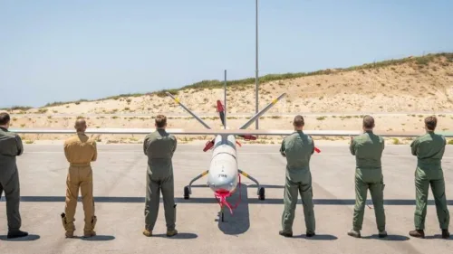 Participants in “Blue Guardian” the first-ever international unmanned aerial vehicle (UAV) exercise, at Palmachim airbase in central Israel, July 12, 2021. Participating nations include the United States, the United Kingdom Germany, Italy and France. Credit: IDF Spokesperson’s Office.