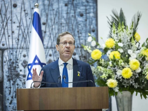 Israeli President Isaac Herzog speaks during a ceremony marking the lighting of the first Chanukah candle at the President’s Residence in Jerusalem on Dec. 14, 2025. Photo by Chaim Goldberg/Flash90.