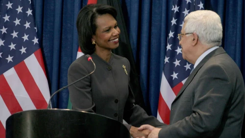 Then-Secretary of State Condoleezza Rice meets with Palestinian Authority chief Mahmoud Abbas in the Samaria city of Ramallah, Nov. 7, 2008. Photo by Issam Rimawi/Flash90.
