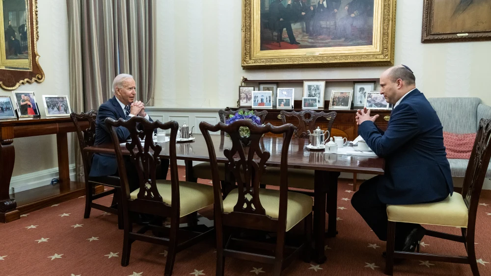 U.S. President Joe Biden with Israeli Prime Minister Naftali Bennett in the Roosevelt Room at the White House on Aug. 27, 2021. Source: Embassy of Israel/Twitter.