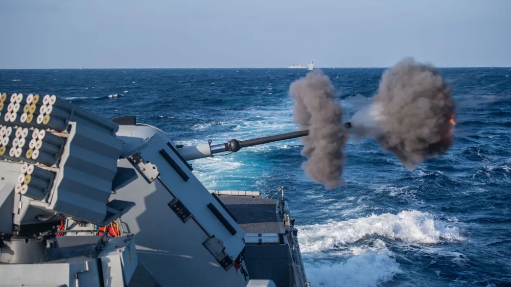 An Israel Navy Sa'ar-class missile boat fires its 76 mm gun during the recent training exercise with the Hellenic Navy in the Aegian Sea. Credit: IDF Spokesperson's Unit.