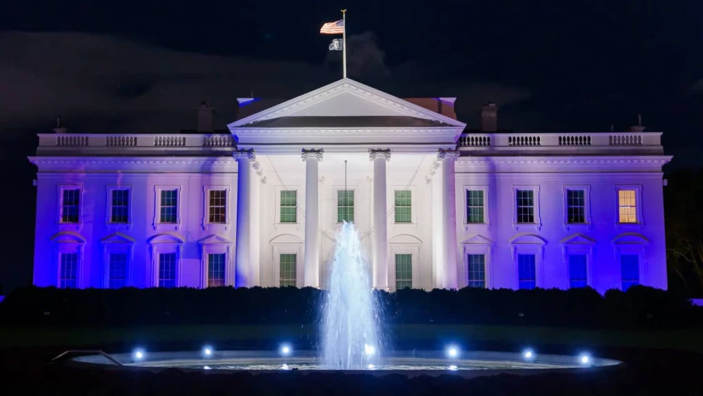 The White House lit in blue and white as a symbol of America's solidarity with the people of Israel in the wake of multi-pronged terrorist attacks by Hamas in the Gaza Strip, Oct. 9, 2023. Source: White House/X.