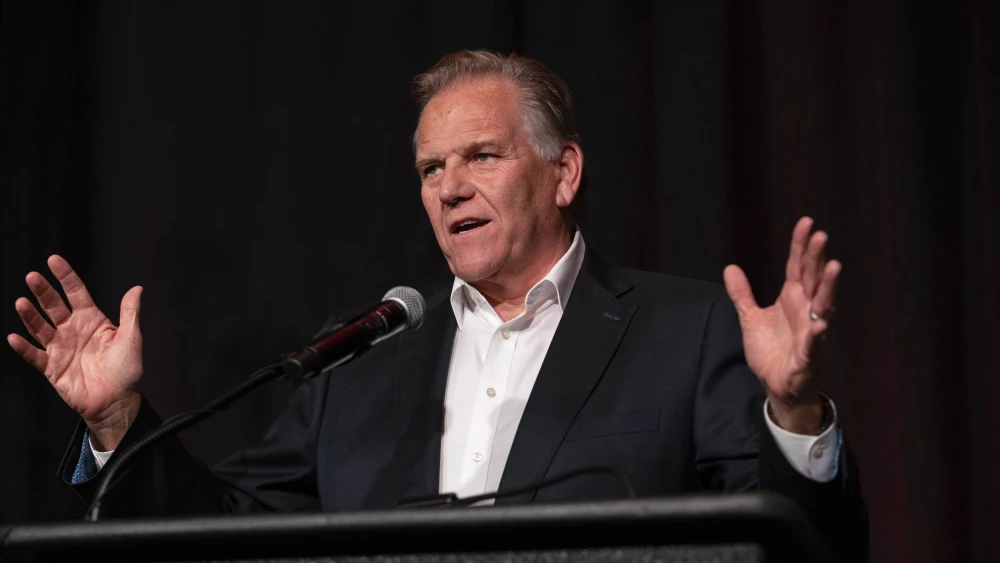 Republican U.S. Senate candidate Mike Rogers speaks at his election watch party on November 5, 2024 in Novi, Michigan. Photo by Sarah Rice/Getty Images.