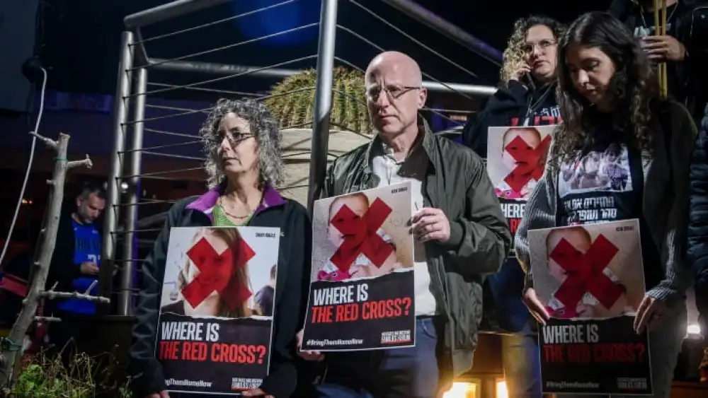 Israelis and families of Israelis held hostage by Hamas terrorists in Gaza protest outside a meeting of the president of the International Committee of the Red Cross Mirjana Spoljaric Egger, in Tel Aviv, Dec. 14, 2023. Photo by Avshalom Sassoni/Flash90.