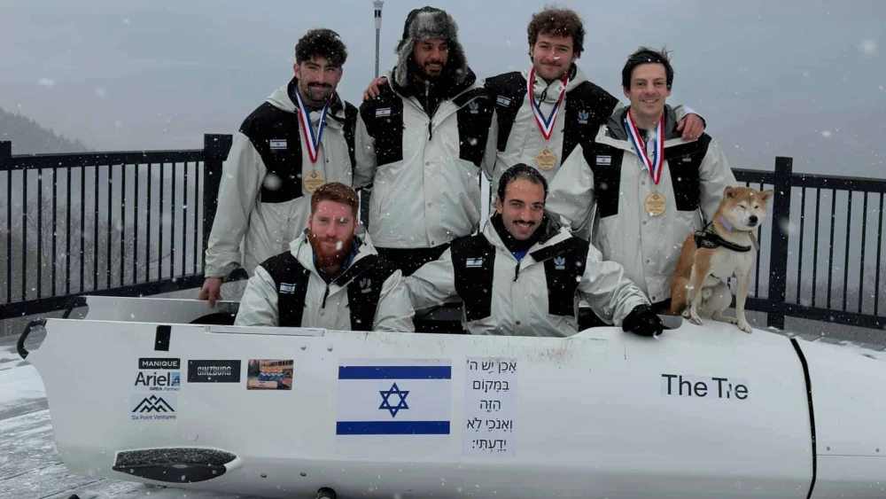 Adam “AJ” Edelman (right) and other members of Israel's Winter Olympics bobsleigh team. Credit: Courtesy of Adam “AJ” Edelman.