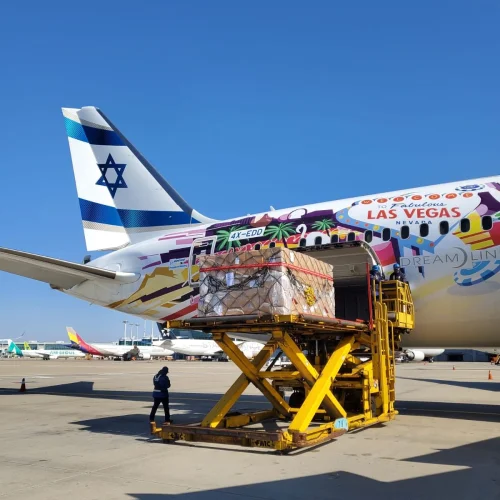 An El Al aircraft takes off from Seoul, South Korea, to deliver tens of thousands of coronavirus test kits and protective personal gear for medical staff, on April 8, 2020. Credit: Israel Ministry of Defense.
